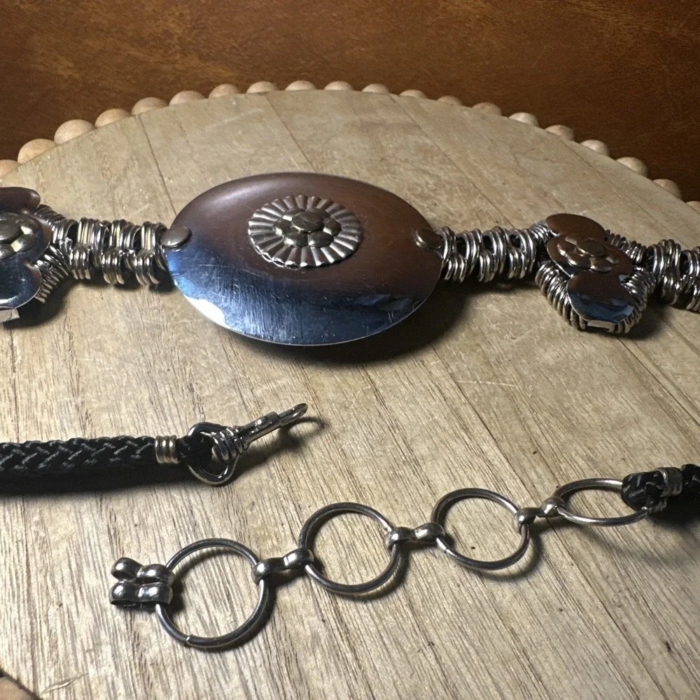 Braided Rope & Metal Rings Belt with Medallion Country Western Tribal 34 Inches